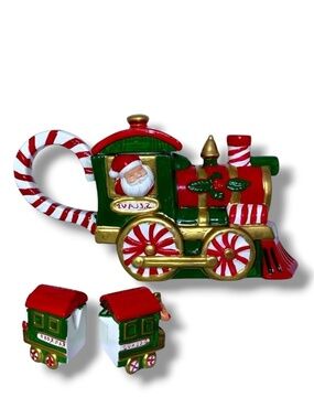 Vintage Santa Train Teapot With Nesting Creamer Sugar Bowl 3 Pieces Ceramic 1994